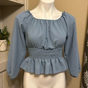 Long sleeve blue blouse shirred waist